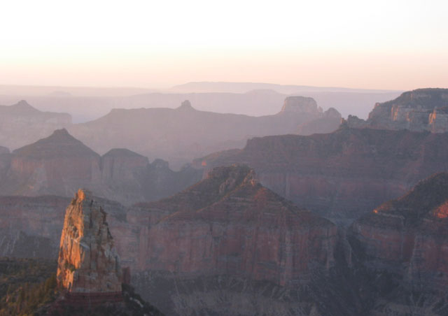 This image was taken in September (2007) at Point Imperial, on the North Rim of the Grand Canyon, just as the sun was coming up.