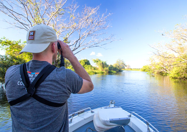 Searching for jaguars on the waterways outside Porto Jofre, Brazil, in the heart of the Pantanal in May of 2015.
