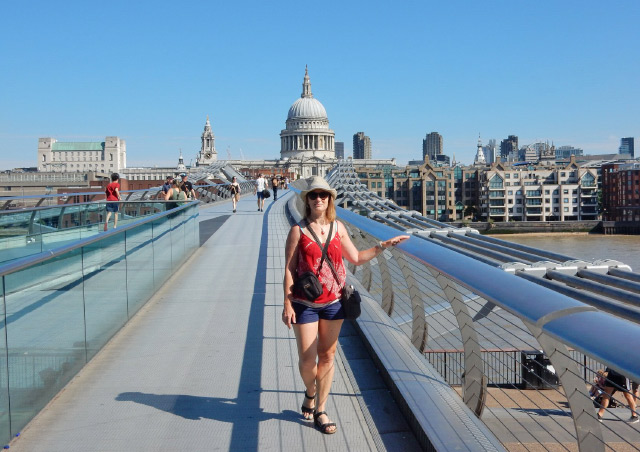 Crossing the London Millennium Footbridge above the river Thames.  Traveling with my husband in 2018.