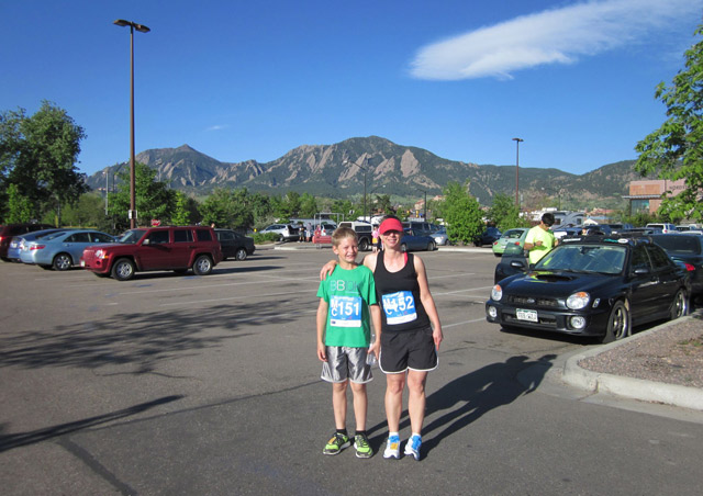 My son and me before the start of the 2013 Bolder Boulder.