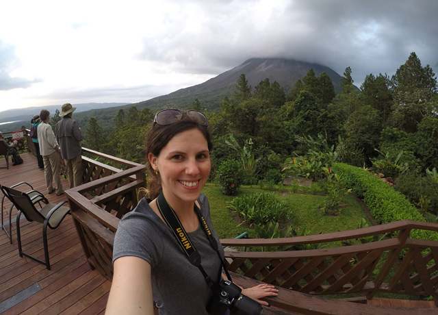 Enjoying the view of Arenal volcano from the Arenal Observatory Lodge in Costa Rica. We stay here on our Natural Jewels of Costa Rica adventure.