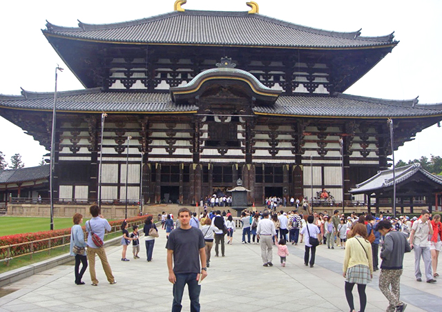 Standing outside the Todai-ji Daibutsuden, 'The Great Buddha Hall,' in Nara, Japan.