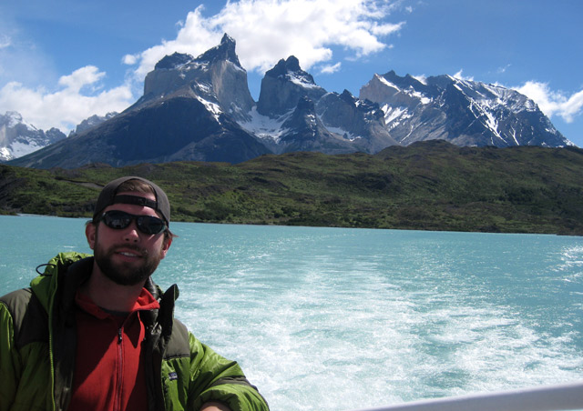Riding across Torres del Paine’s aqua-blue glacial lakes with a rare clear view of the Cuernos.  Chile’s flagship national park is one of the most breathtaking landscapes on the planet