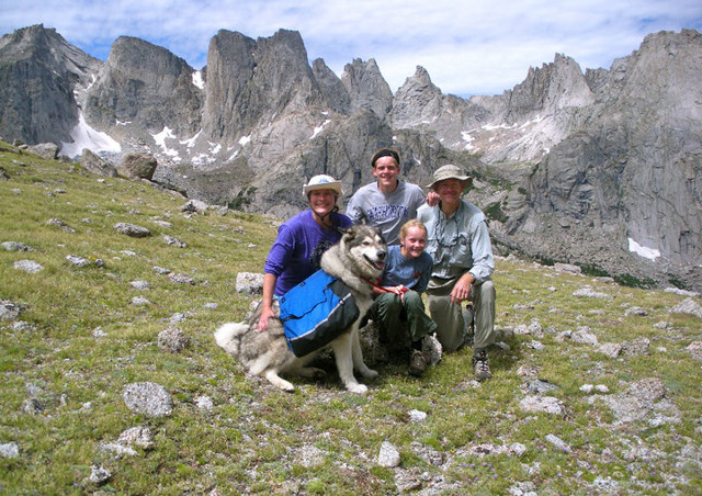 With my family, including Chilkoot the malamute, on a backpacking trip in Wyoming’s Wind River Range.