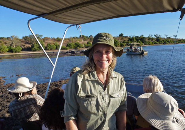 Aboard a safari cruise on the Chobe River, where Botswana, Zambia and Namibia come together. We saw lots of elephants, hippos and crocodiles!
