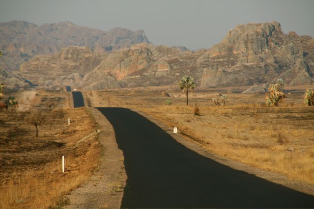The road to Isalo offers some remarkable views of deep canyons, grasslands and sandstone formations.