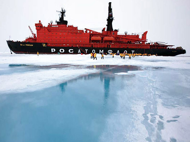 Walking on ice, 50 Years of Victory, North Pole Expedition Ship