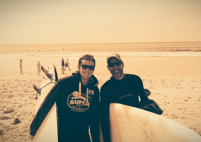 Ben and his 19 year old son, Cole, trying their hand at surfing at Dana Point, Calif. The day ended with lots of paddling and very little standing, but a wonderful adventure nonetheless.