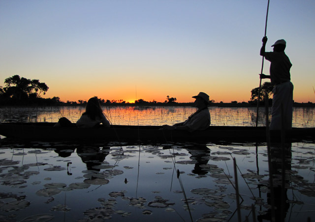 A visit to the Okavango Delta is incomplete without a sunset outing in a traditional mokoro being poled by the region’s river bushmen (our poler was Isaac, whose voice was deeper than Barry White’s)