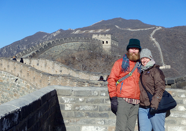 Enjoying an epic walk on the Great Wall of China.