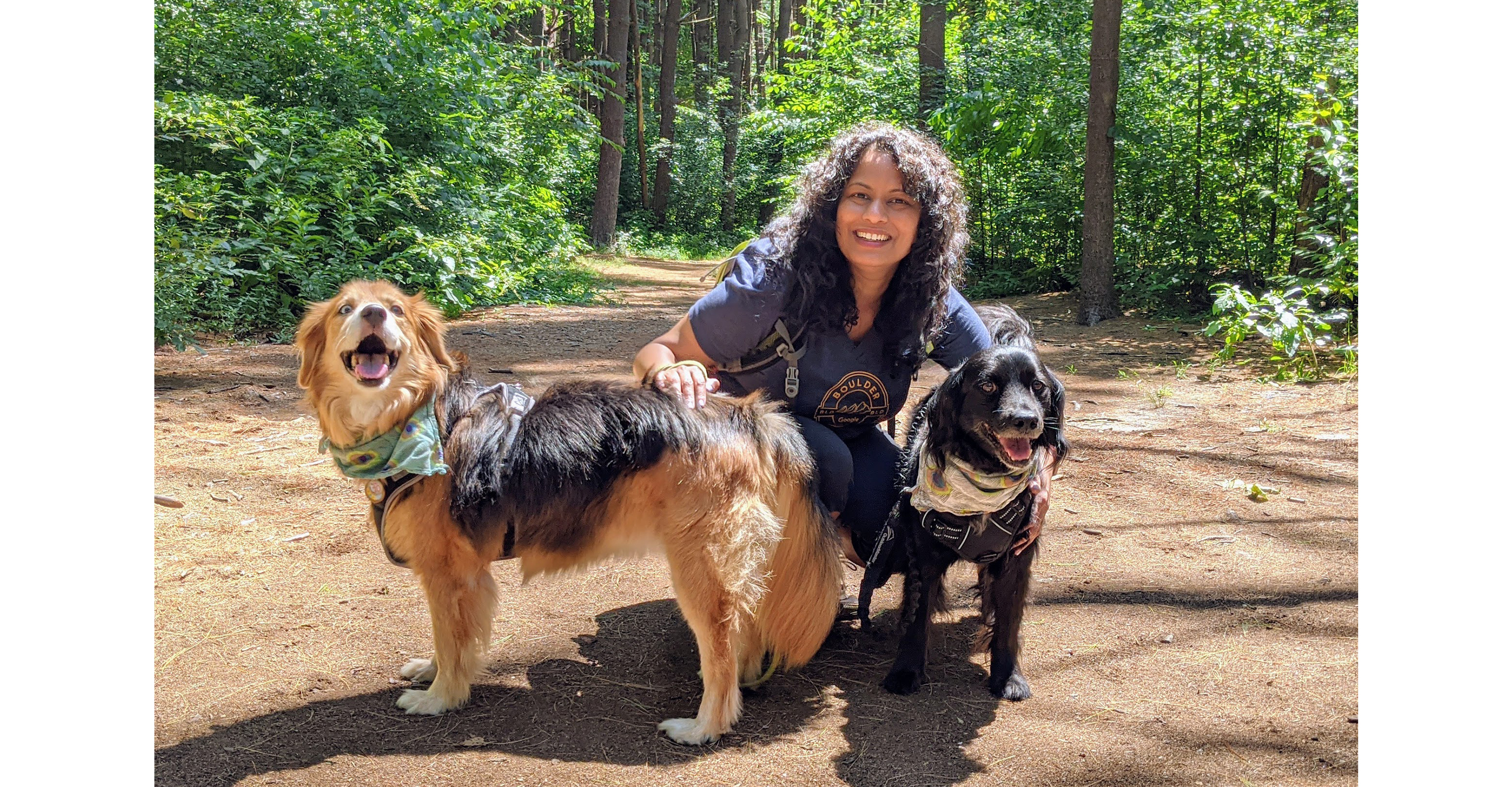 Hiking with my dogs, Indu and Andy, on Long Island, NY, 2020.