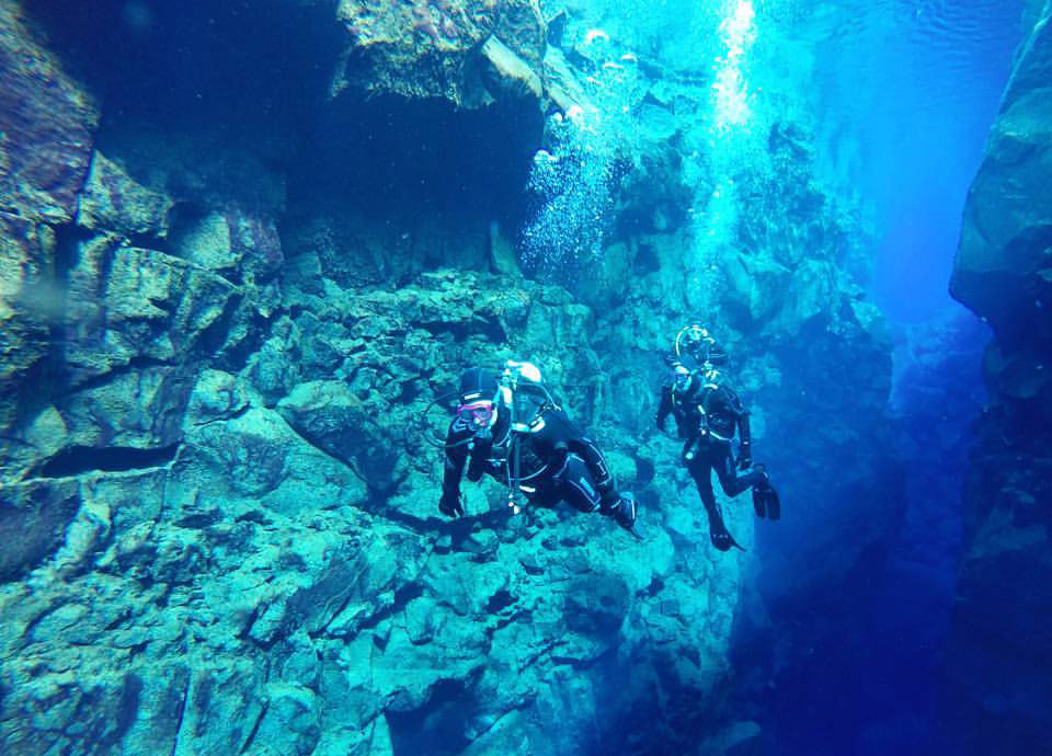Diving the Silfra fissure in Iceland. One side is the North American tectonic plate, the other is the Eurasian