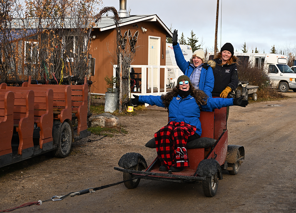 Riding in a cart pulled by sled dogs at Wapusk Adventures in Churchill, Manitoba.