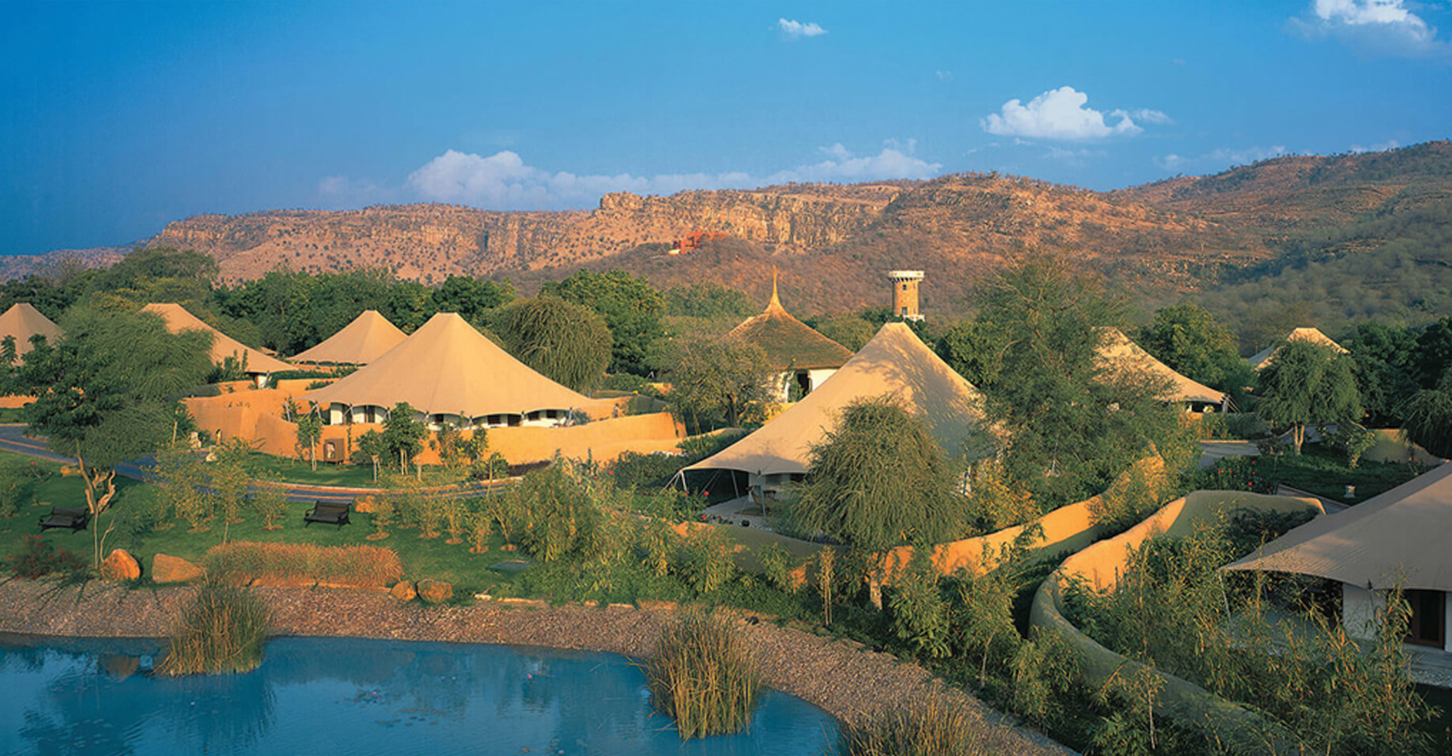Aerial view of Oberoi Vanyavilas Wildlife Resort on the outskirts of Ranthambore National Park, India