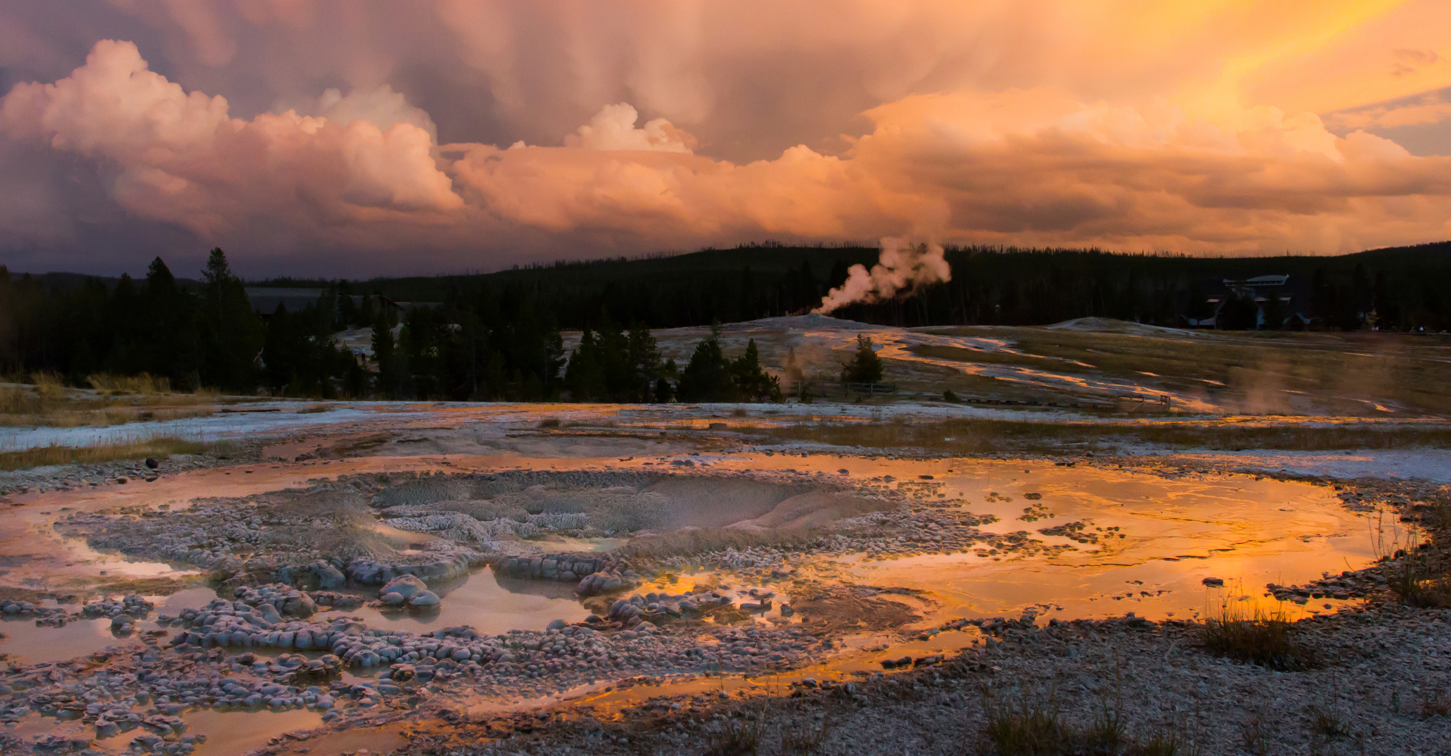 Geysers at sunset in Yellowstone National Park, United States