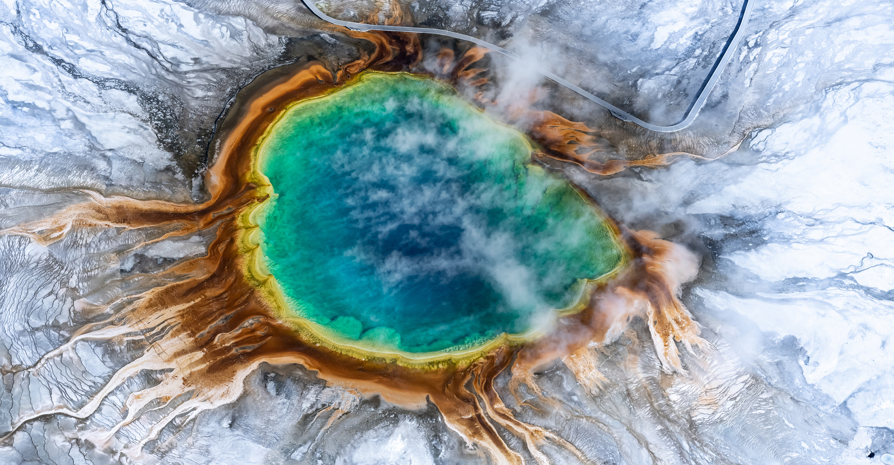 An aerial view of the Grand Prismatic Hot Spring in Yellowstone National Park, United States