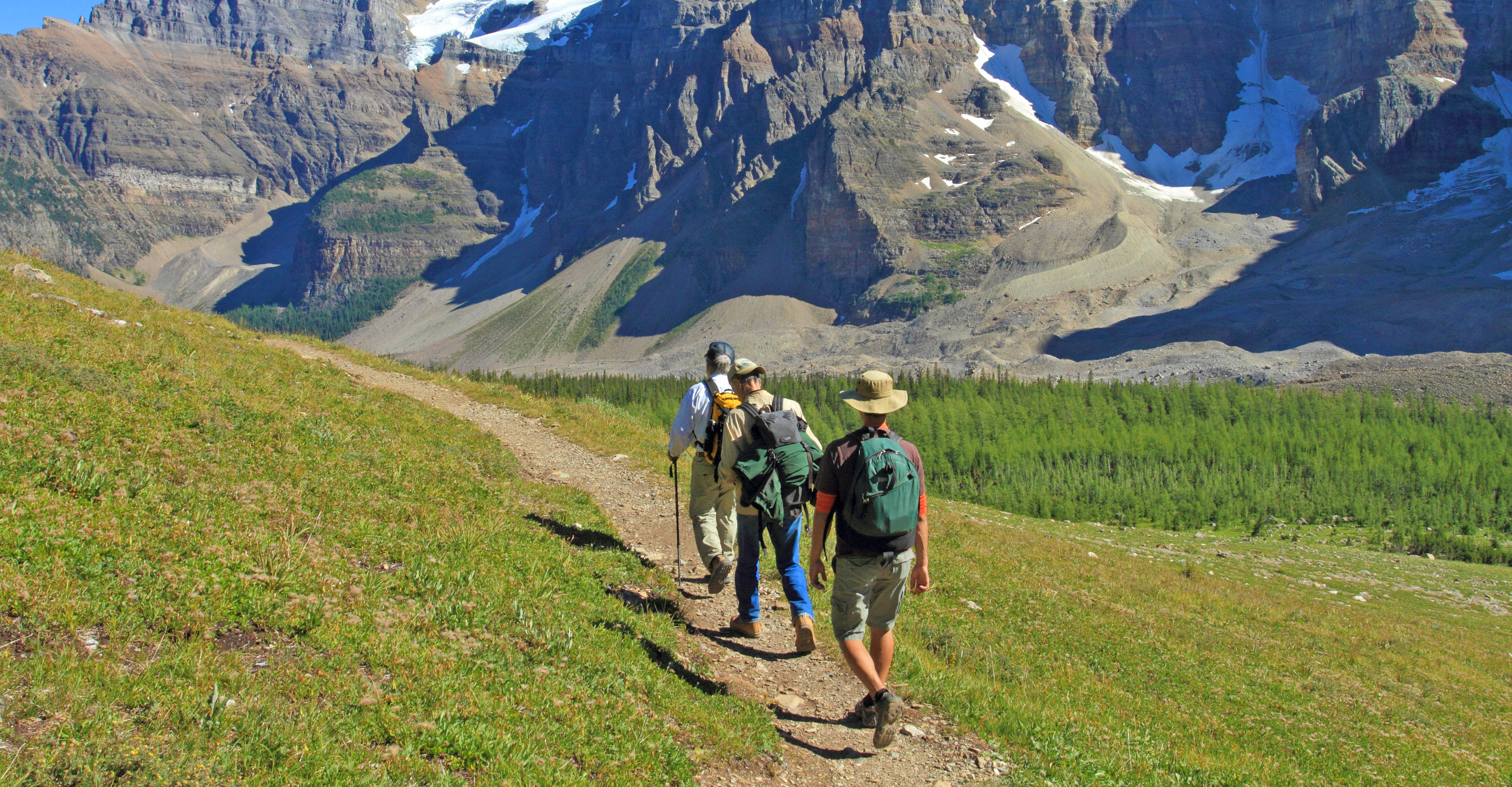 A group of hikers near Lake Moraine in Banff National Park, Alberta, Canada