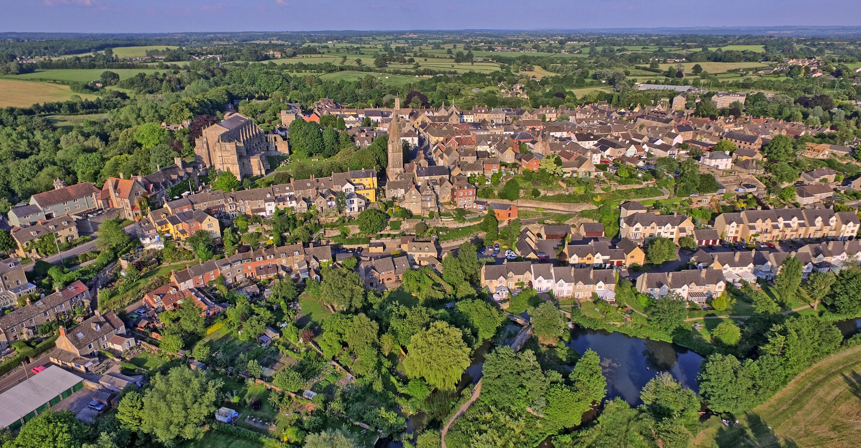 Aerial view of a country village in the Cotswolds, England