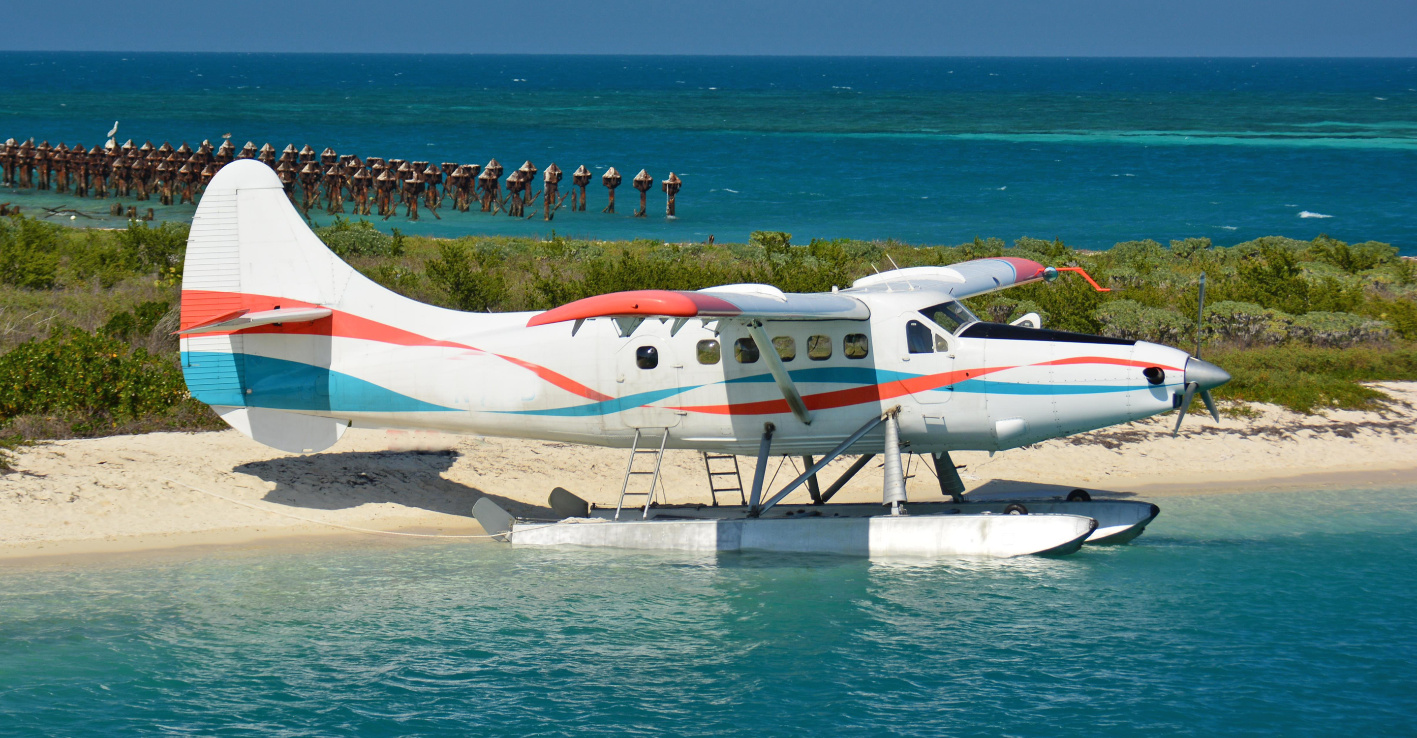 Seaplane sitting on shore in Tortugas National Park, Key West, Florida, United States