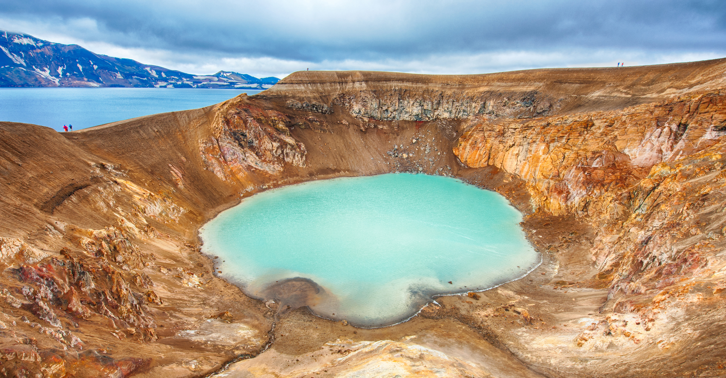 View from Askja volcano of Viti and Oskjuvatn crater lakes, Iceland, Europe