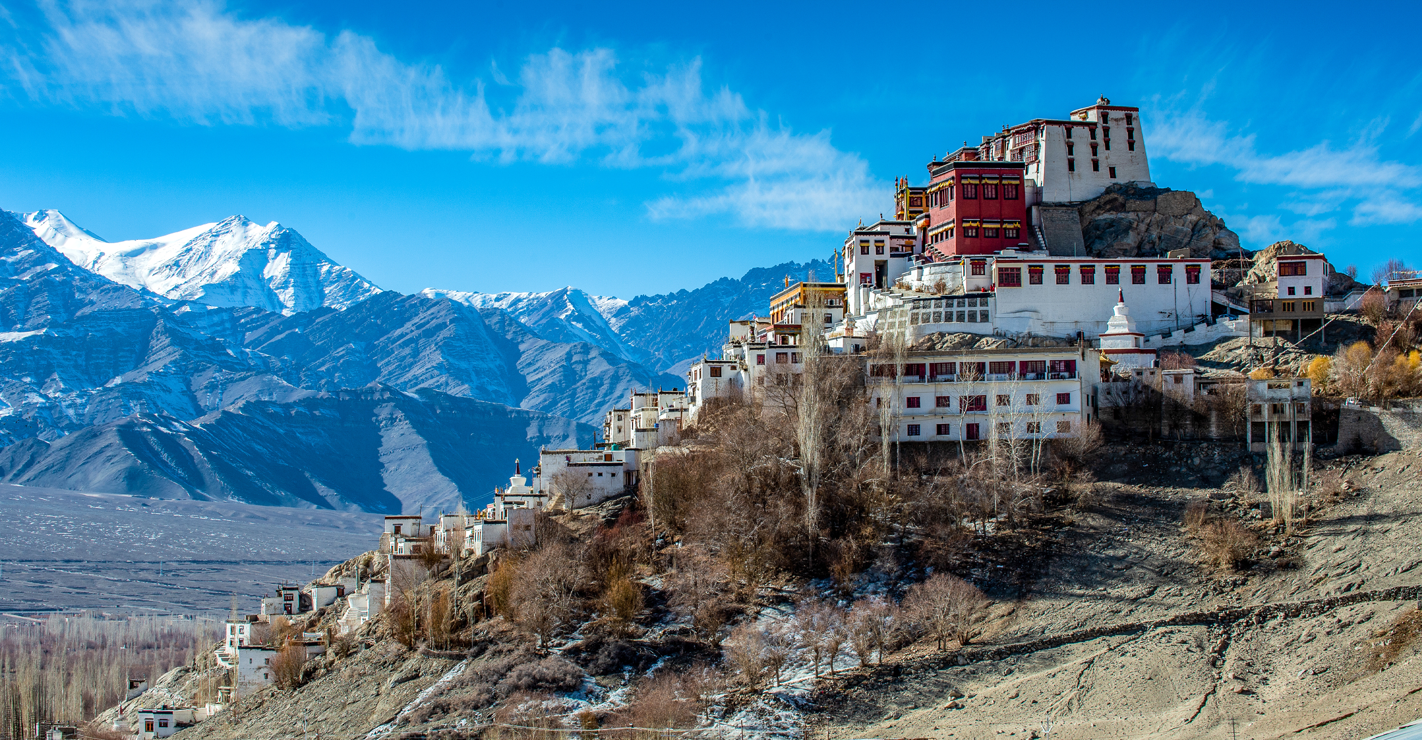 The Thiksey Monastery sits on a hillside among the Himalaya Mountains, Leh Ladakh, India