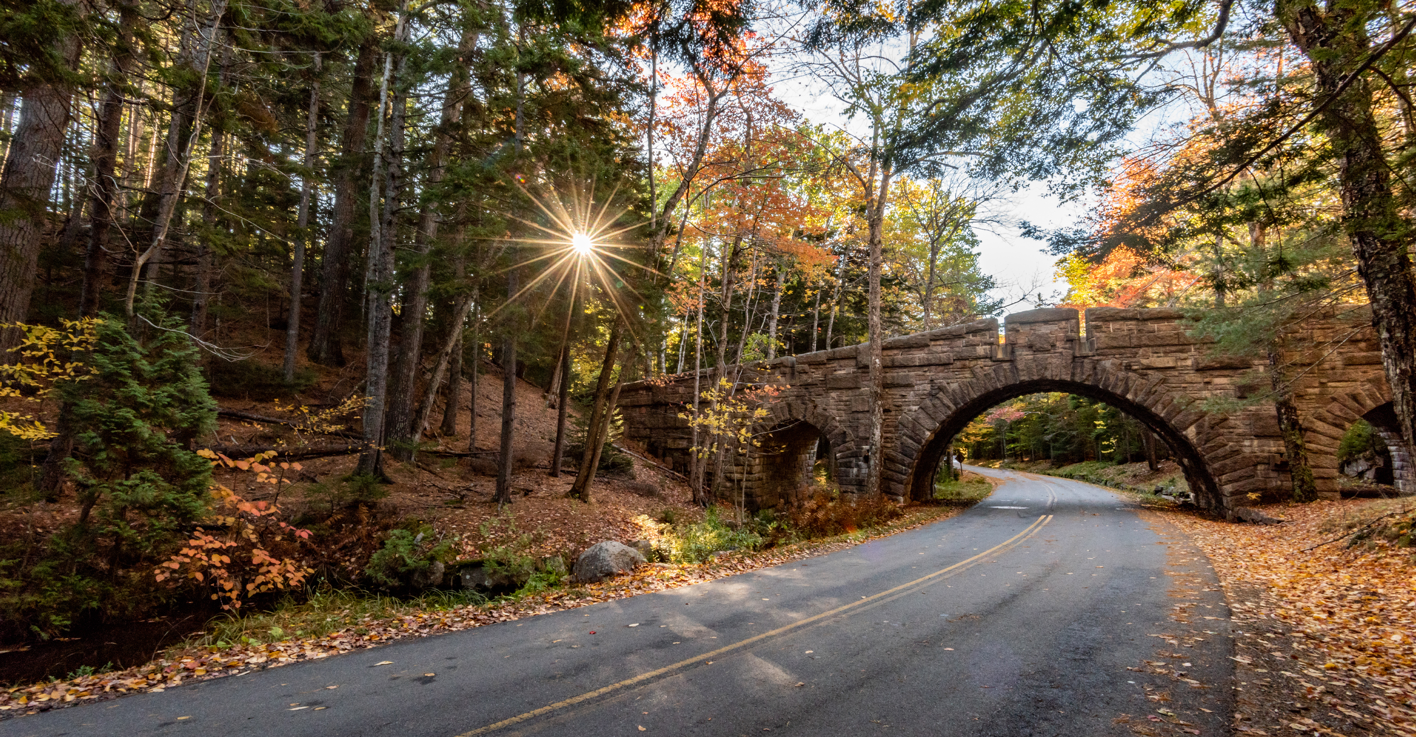 A street runs under a stone bridge in Acadia National Park, Maine, United States
