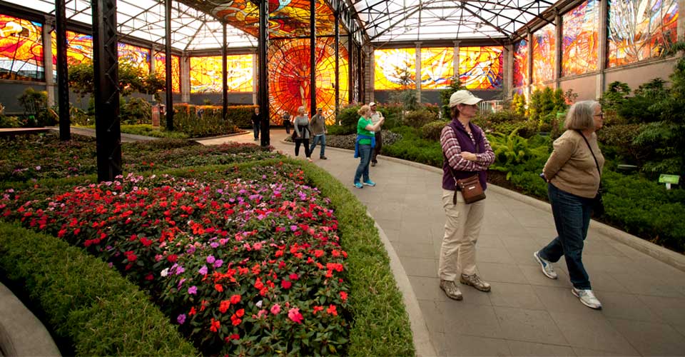 Travelers view the flowers and stained glass windows in Cosmovitral Botanical Garden, Toluca, Mexico