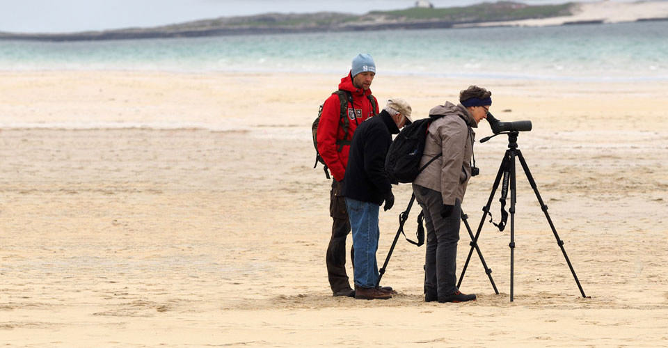 A guide and travelers look through a spotting scope on Luskentyre Beach, Scotland