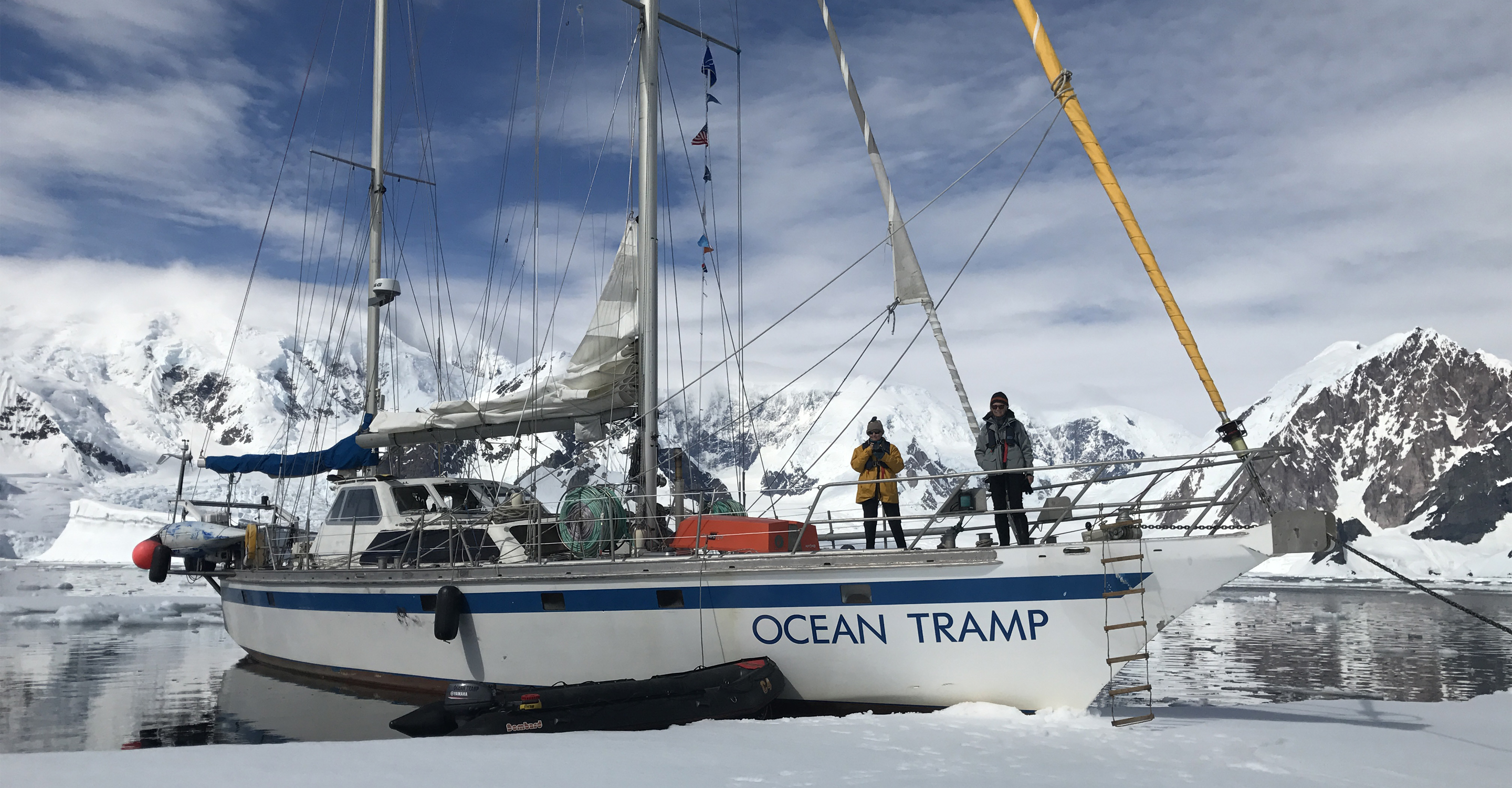 The Ocean Tramp ship anchored off the shoreline of Antarctica