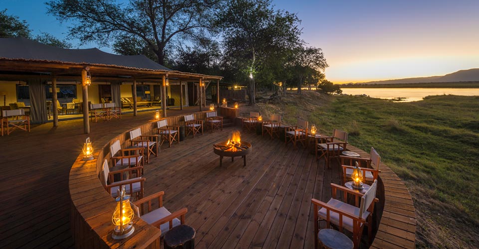 The outdoor deck of Ruckomechi Camp overlooking the Zambezi River, Mana Pools, Zimbabwe