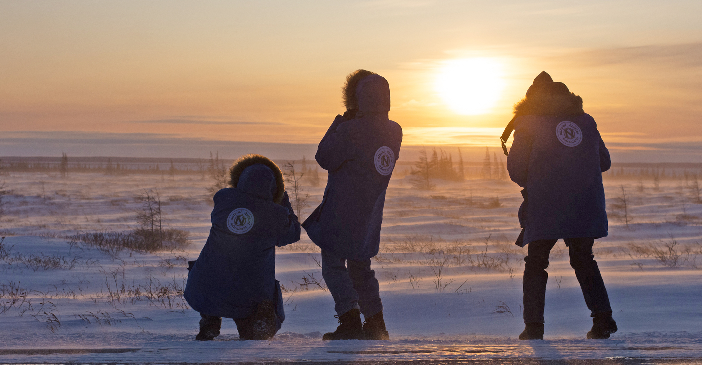 Three Natural Habitat Adventures travelers photograph the tundra at dusk, Churchill, Manitoba, Canada